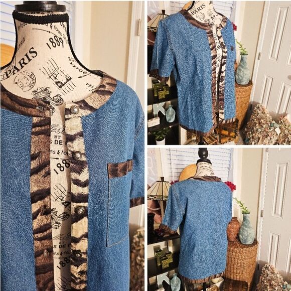 Vtg 80's Studio West Boxy Animal Print Trim Denim Short Sleeve Jacket. - Picture 2 of 15
